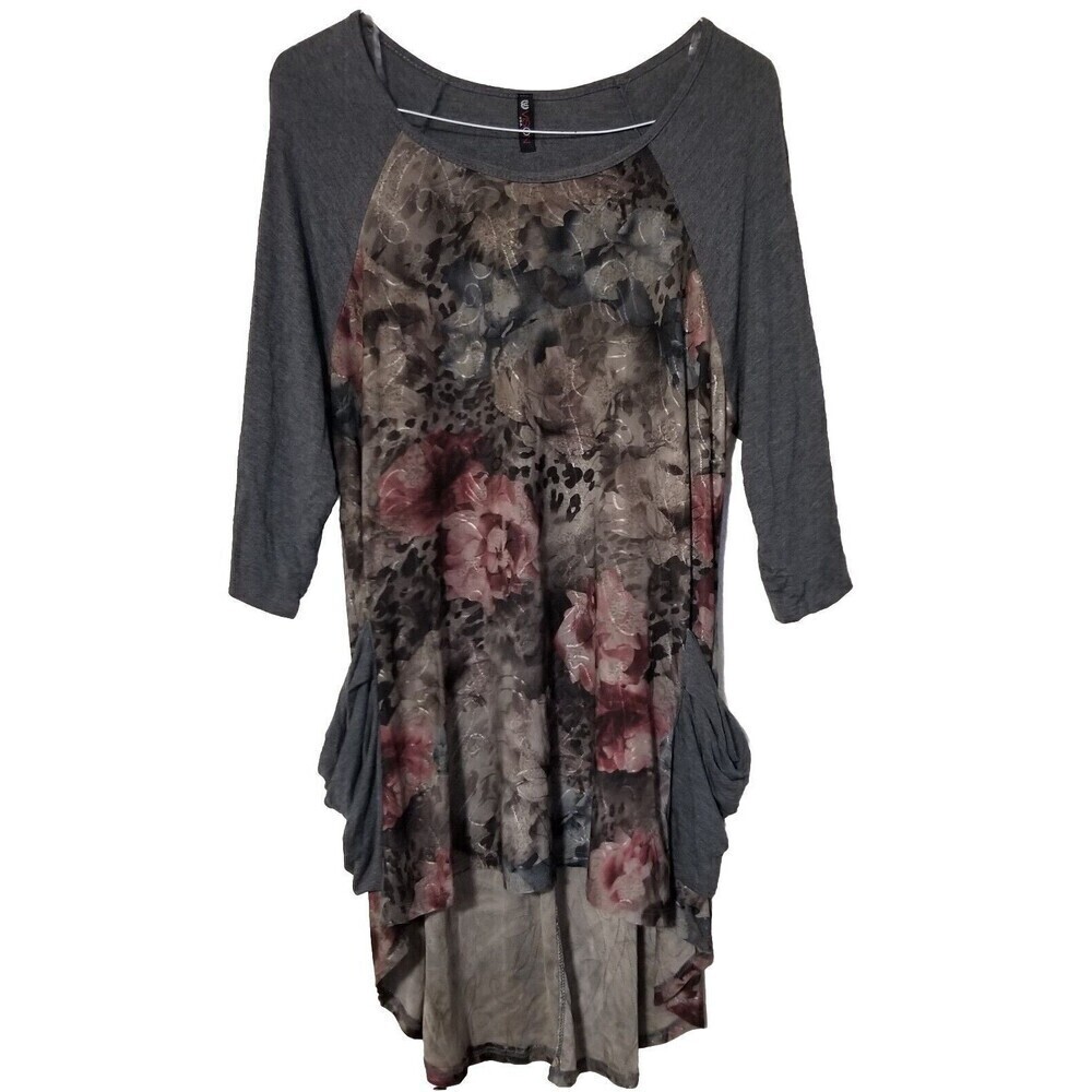 054) Vision USA Womens Blouse Top Large Gray Floral Hi Lo Hem